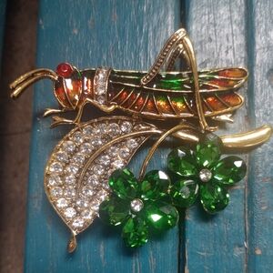 Vintage Gold and Green Grasshopper Brooch